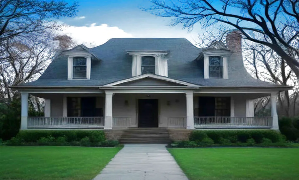 A Chicago brick home with a white porch and a green lawn